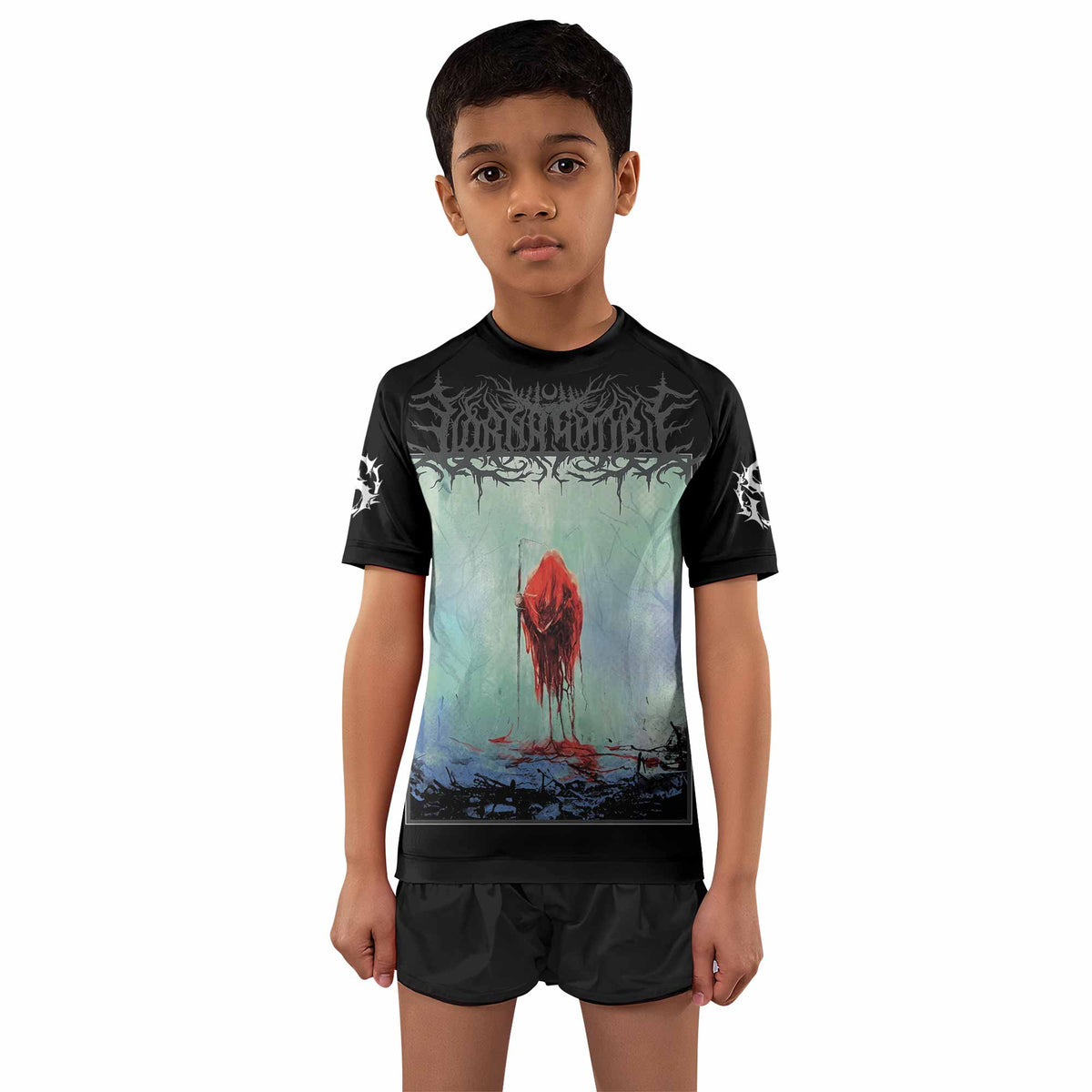 Lorna Shore And I Return To Nothingness Kids Rash Guard Short Sleeve - boy's lifestyle view