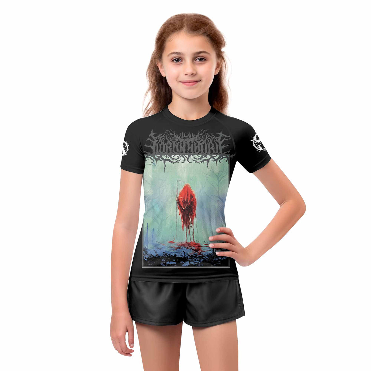 Lorna Shore And I Return To Nothingness Kids Rash Guard Short Sleeve - girl's lifestyle view