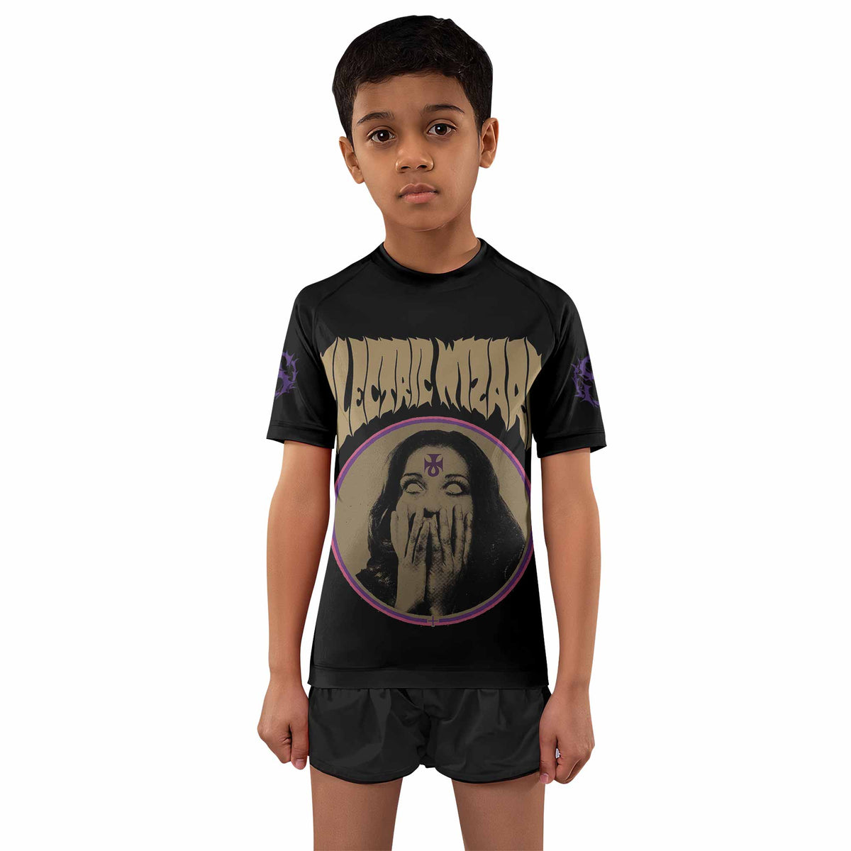 Electric Wizard Let Us Prey Kids Rash Guard Short Sleeve - boy's lifestyle view