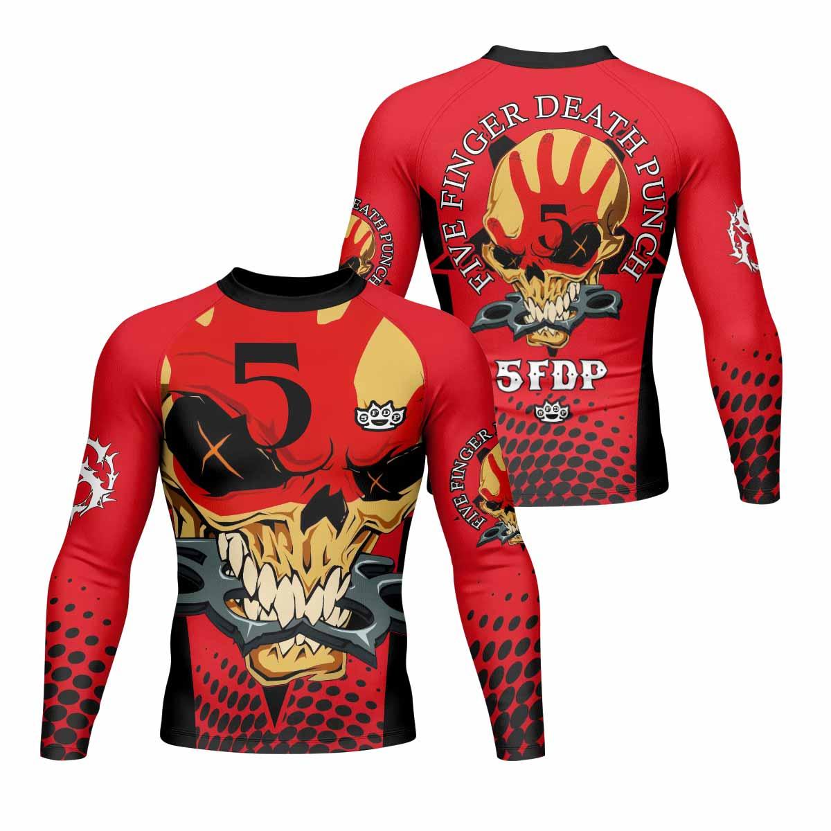 Five Finger Death Punch 5FDP Men's Rash Guard Long Sleeve - front and back view