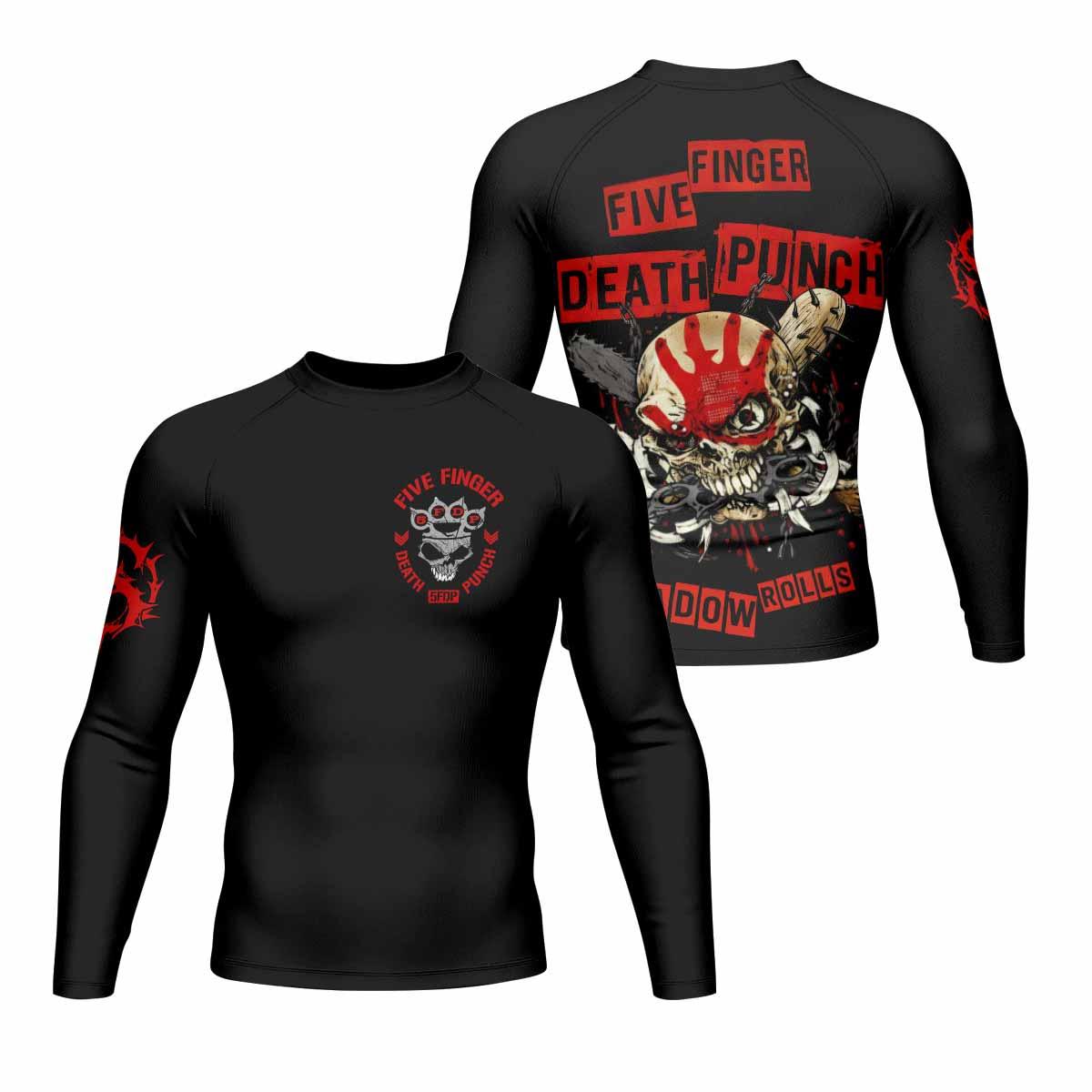 Five Finger Death Punch Shadowrolls Men's Rash Guard Long Sleeve - front and back view