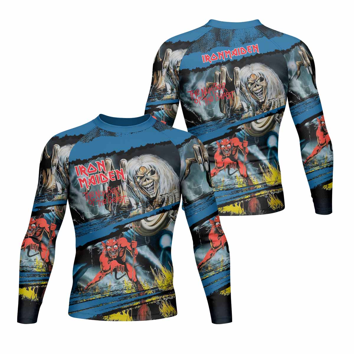 Iron Maiden The Number of the Beast Men's Rash Guard Long Sleeve - front and back view