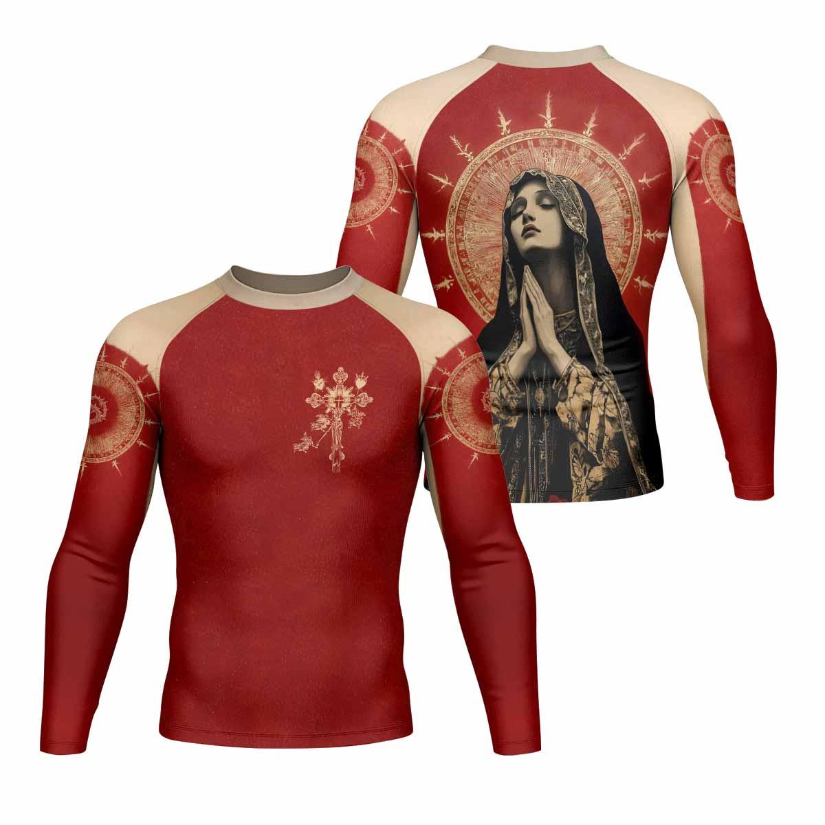 Mother of Sorrows Men's Rash Guard Long Sleeve - front and back view