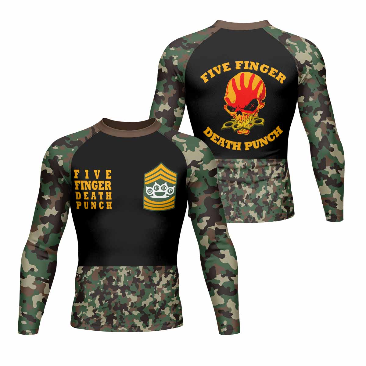 Five Finger Death Punch Camo Men's Rash Guard Long Sleeve - front and back view