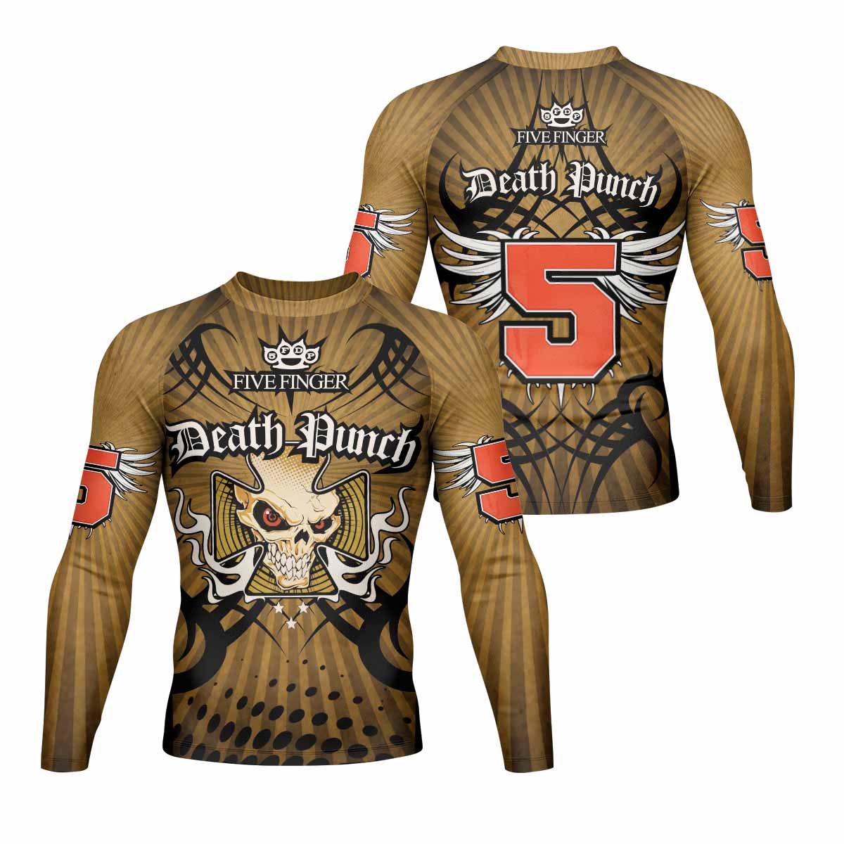 Five Finger Death Punch Gold V Men's Rash Guard Long Sleeve - front and back view