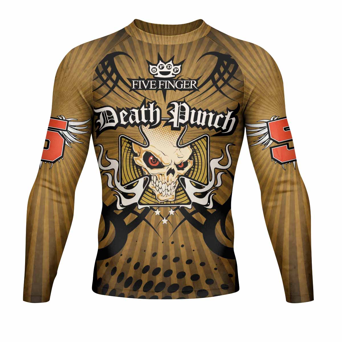 Five Finger Death Punch Gold V Men's Rash Guard Long Sleeve - front view mockup