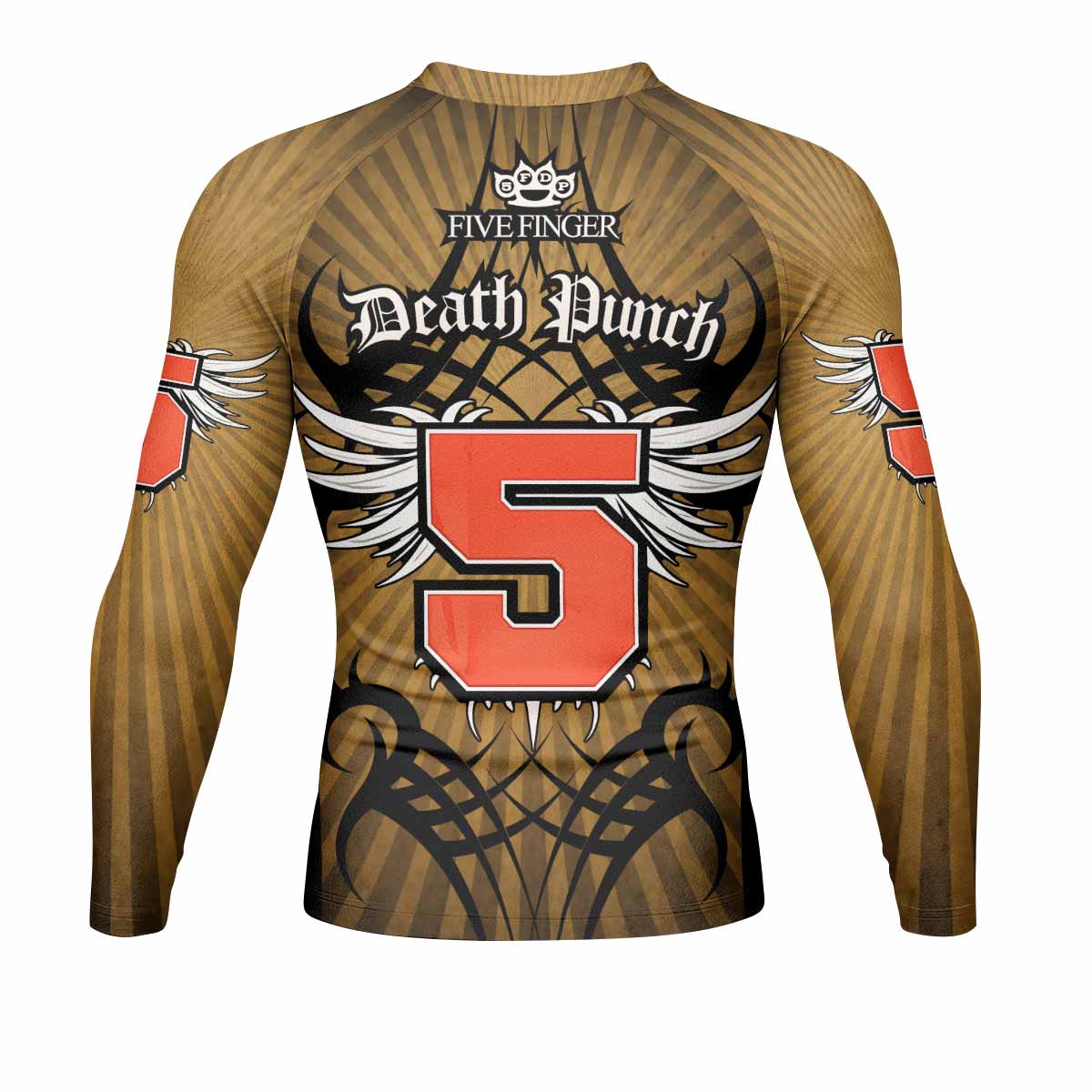 Five Finger Death Punch Gold V Men's Rash Guard Long Sleeve - back view mockup