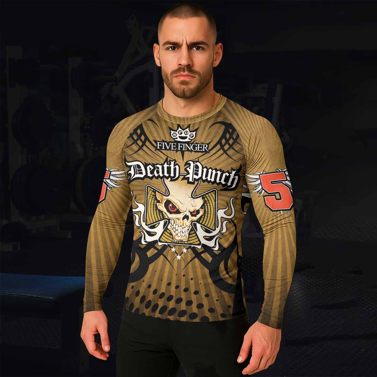 Five Finger Death Punch Gold V Men's Rash Guard Long Sleeve - lifestyle view