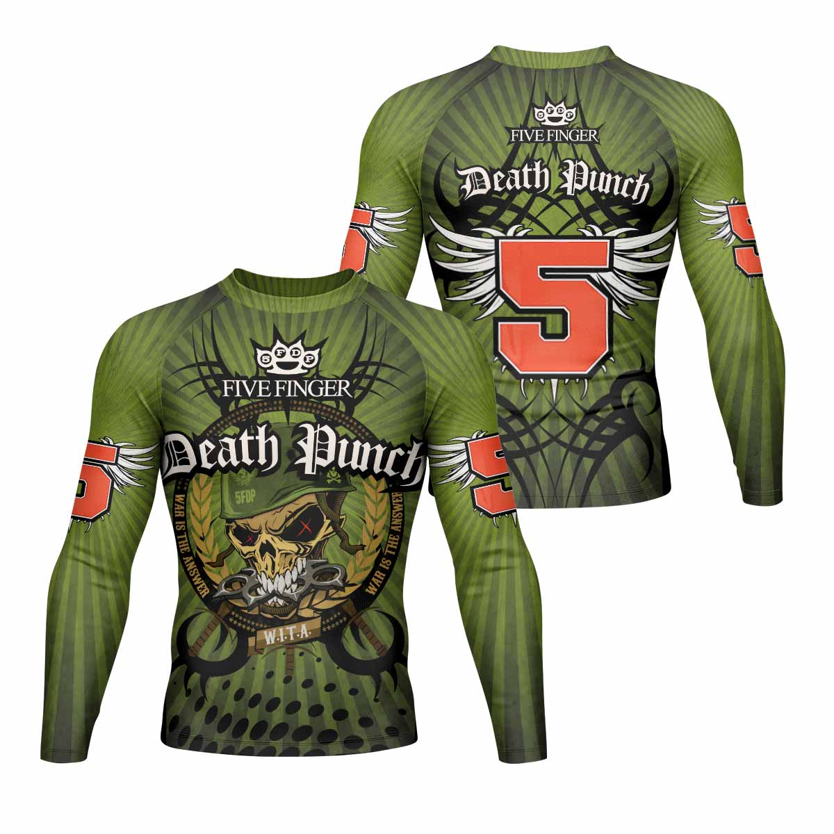 Five Finger Death Punch Green V Men's Rash Guard Long Sleeve - front and back view