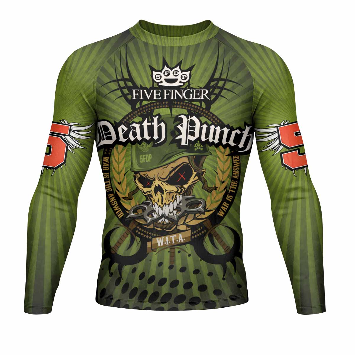 Five Finger Death Punch Green V Men's Rash Guard Long Sleeve - front view mockup