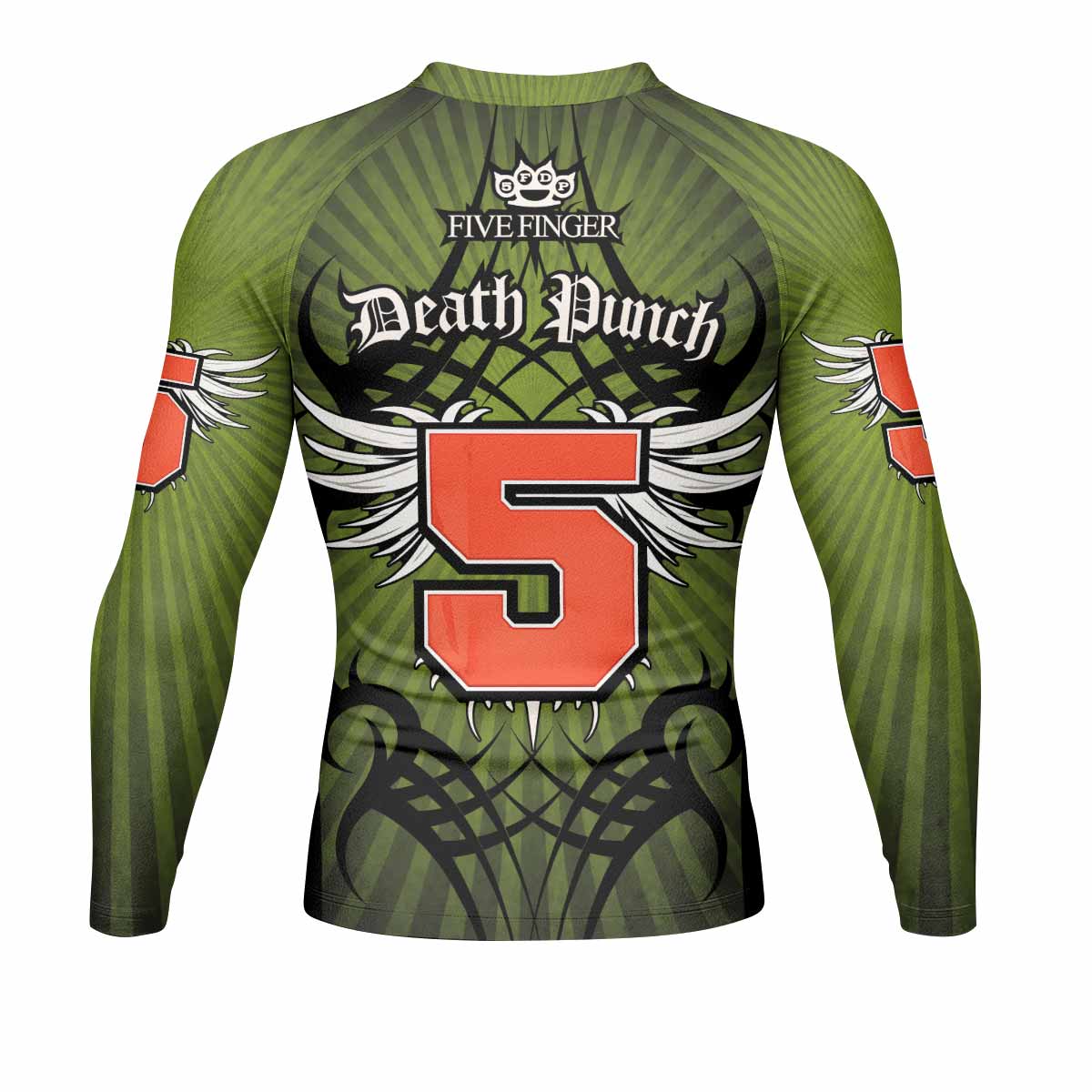 Five Finger Death Punch Green V Men's Rash Guard Long Sleeve - back view mockup