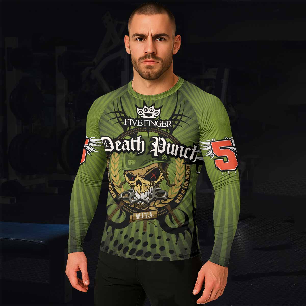 Five Finger Death Punch Green V Men's Rash Guard Long Sleeve - lifestyle view