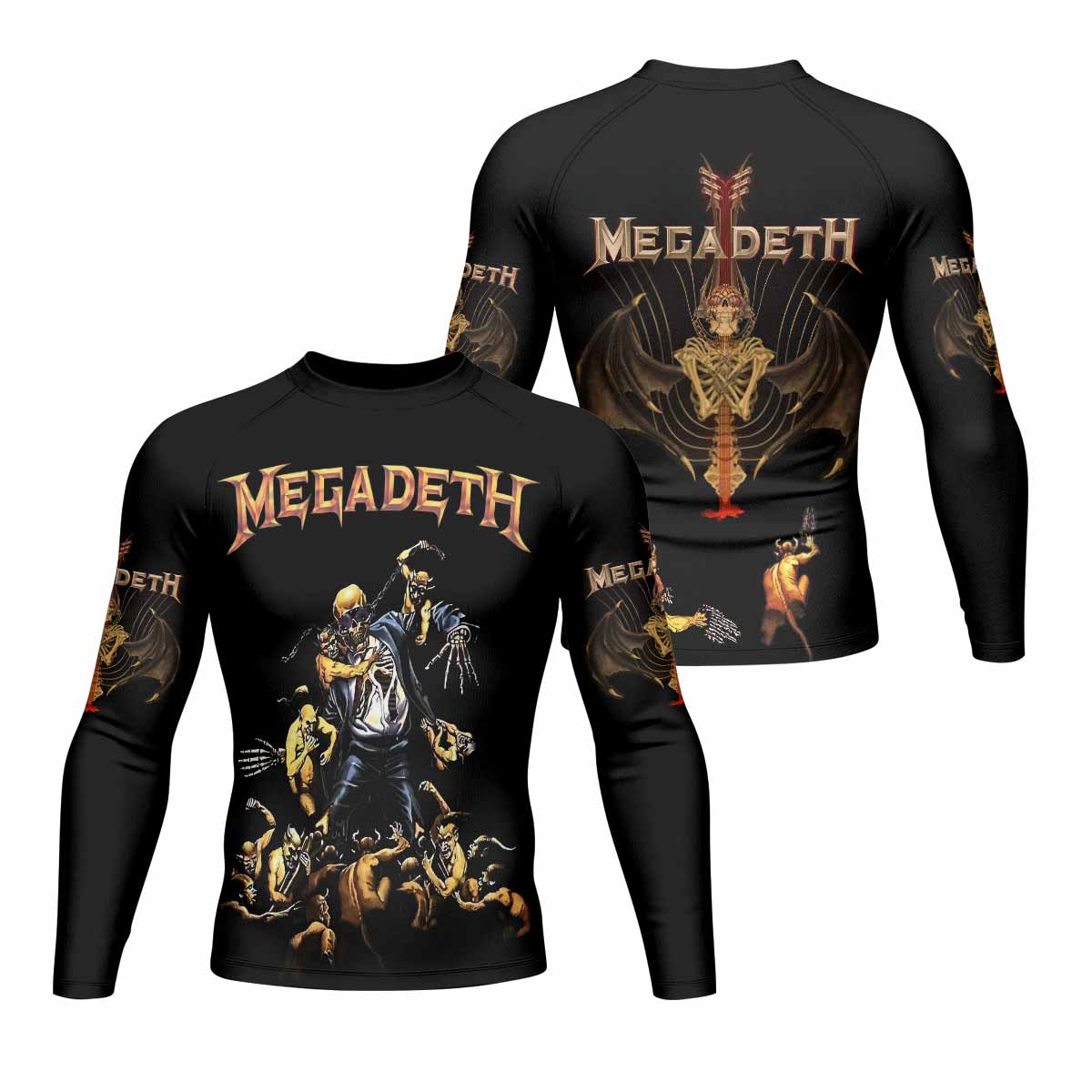 Megadeth Holy Wars 991 Wild Oats Men's Rash Guard Long Sleeve - front and back view
