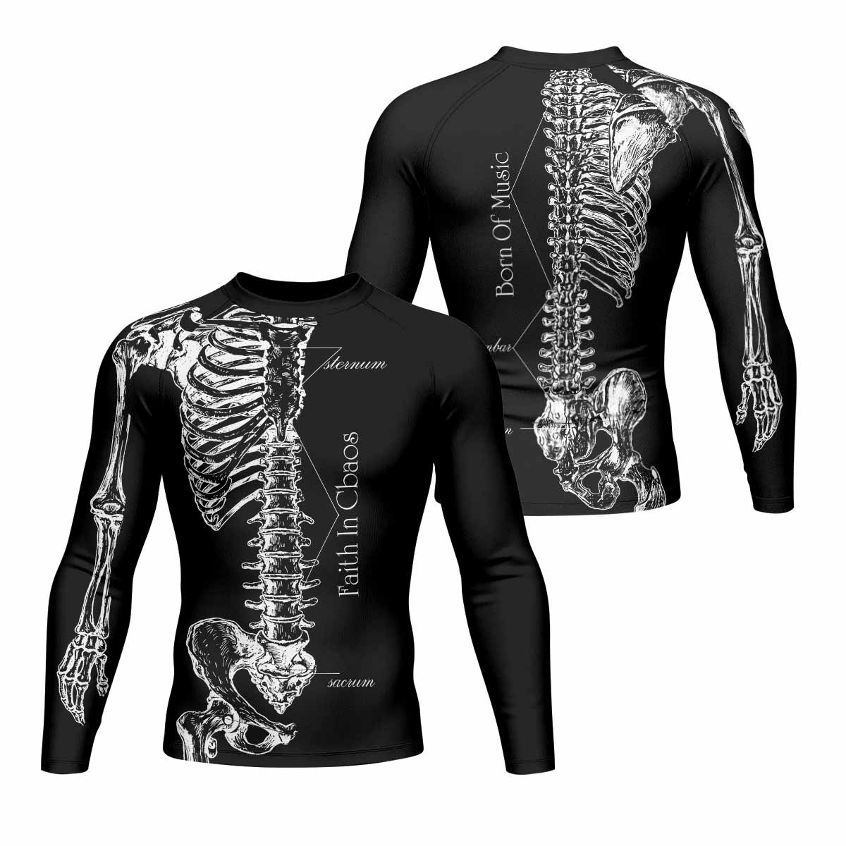 Faith In Chaos Skeleton Men's Rash Guard Long Sleeve - front and back view