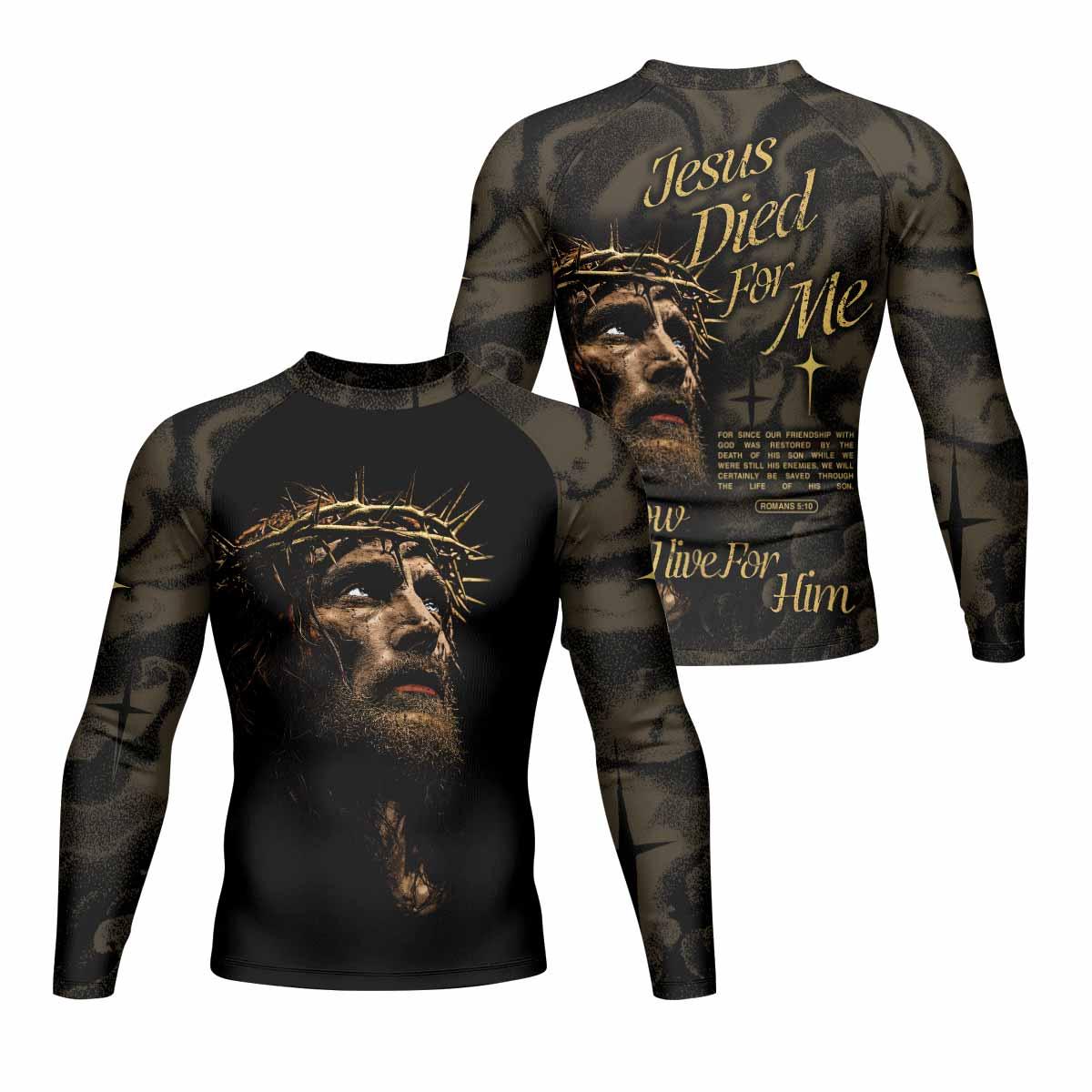 Live for Him Men's Rash Guard Long Sleeve - front and back view