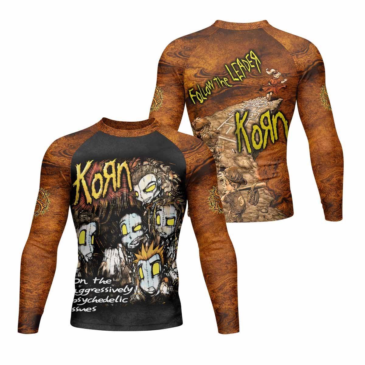 Follow the Leader Korn Men's Rash Guard Long Sleeve - front and back view