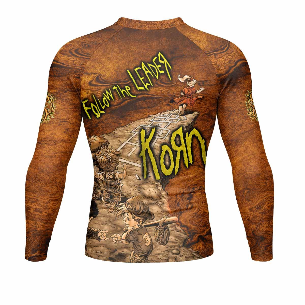 Follow the Leader Korn Men's Rash Guard Long Sleeve - back view mockup