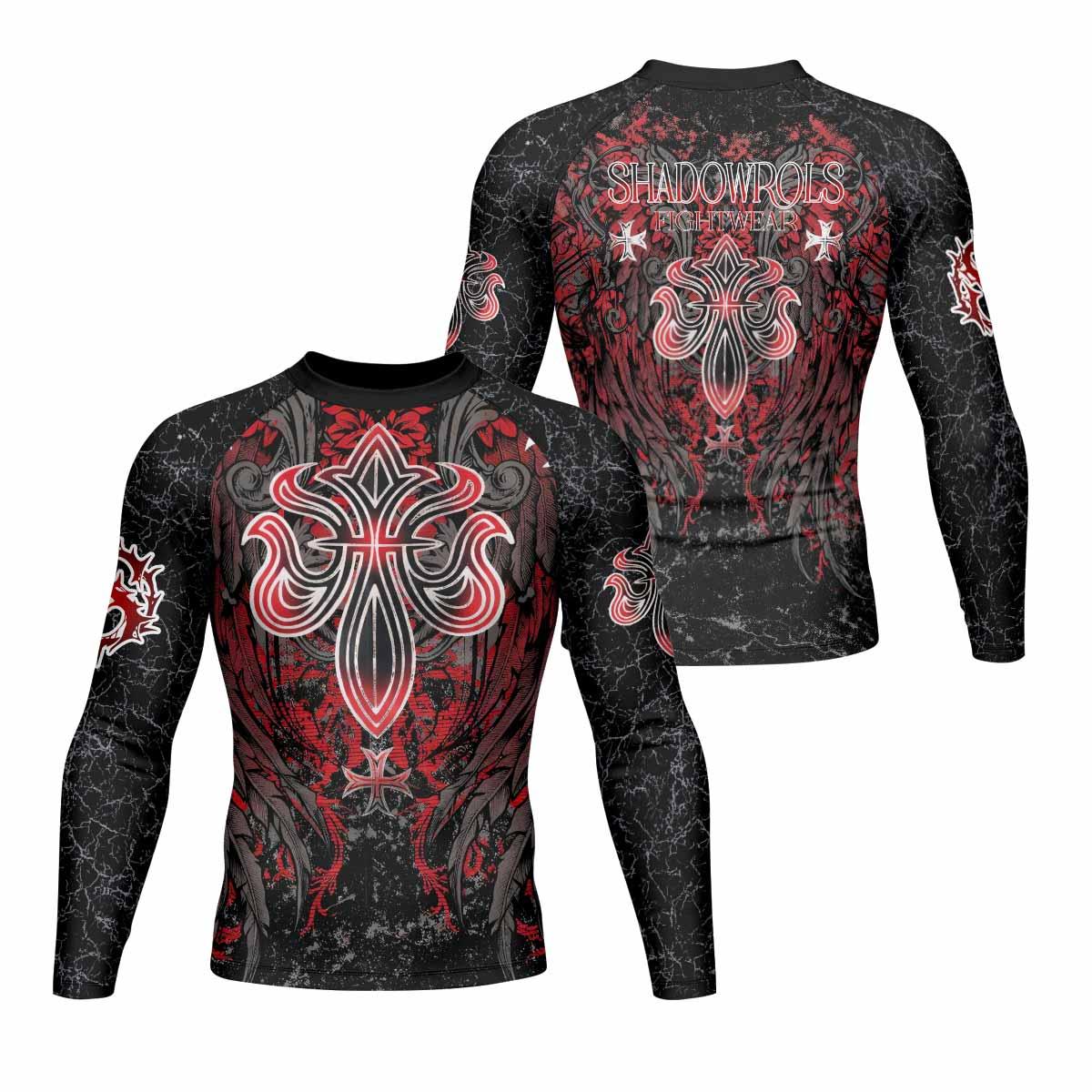 Crimson Faith Cross Men's Rash Guard Long Sleeve - front and back view