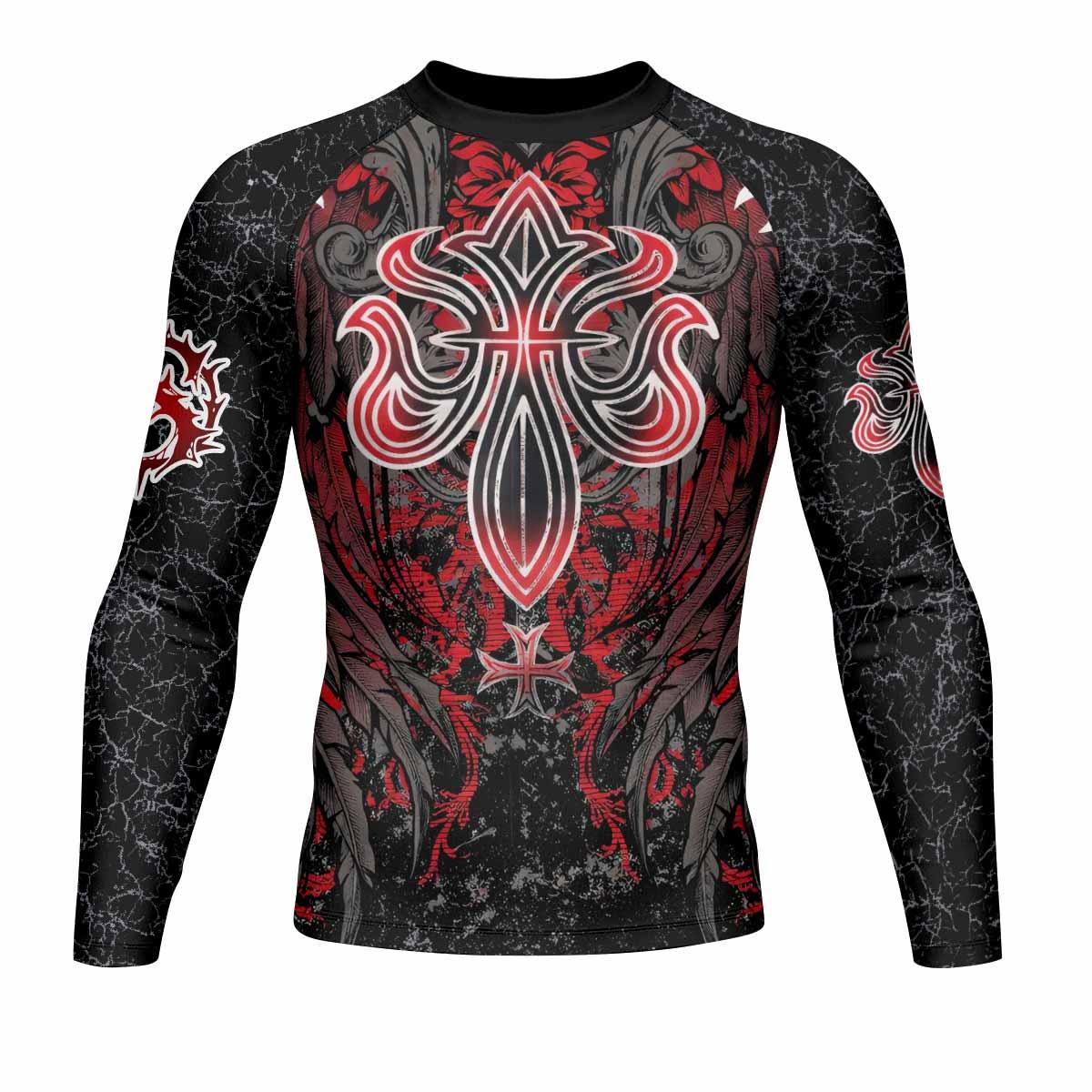Crimson Faith Cross Men's Rash Guard Long Sleeve - front view mockup