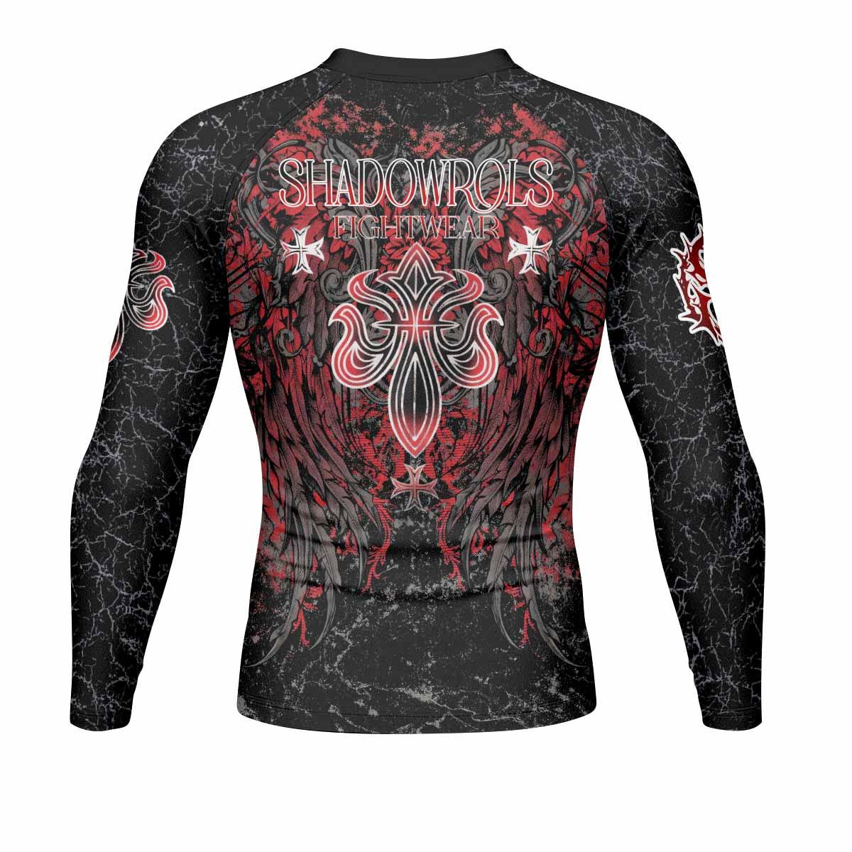 Crimson Faith Cross Men's Rash Guard Long Sleeve - back view mockup