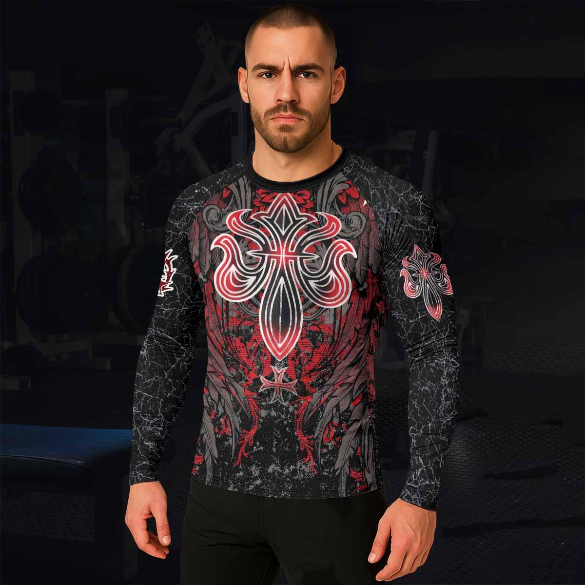 Crimson Faith Cross Men's Rash Guard Long Sleeve - lifestyle view