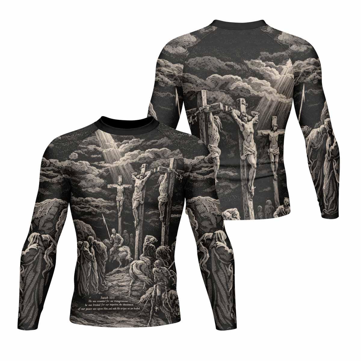 By His Stripes We Are Healed Men's Rash Guard Long Sleeve - front and back view