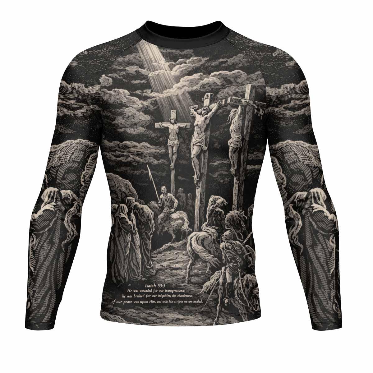 By His Stripes We Are Healed Men's Rash Guard Long Sleeve - front view mockup