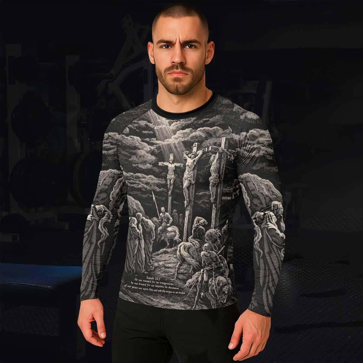 By His Stripes We Are Healed Men's Rash Guard Long Sleeve - lifestyle view