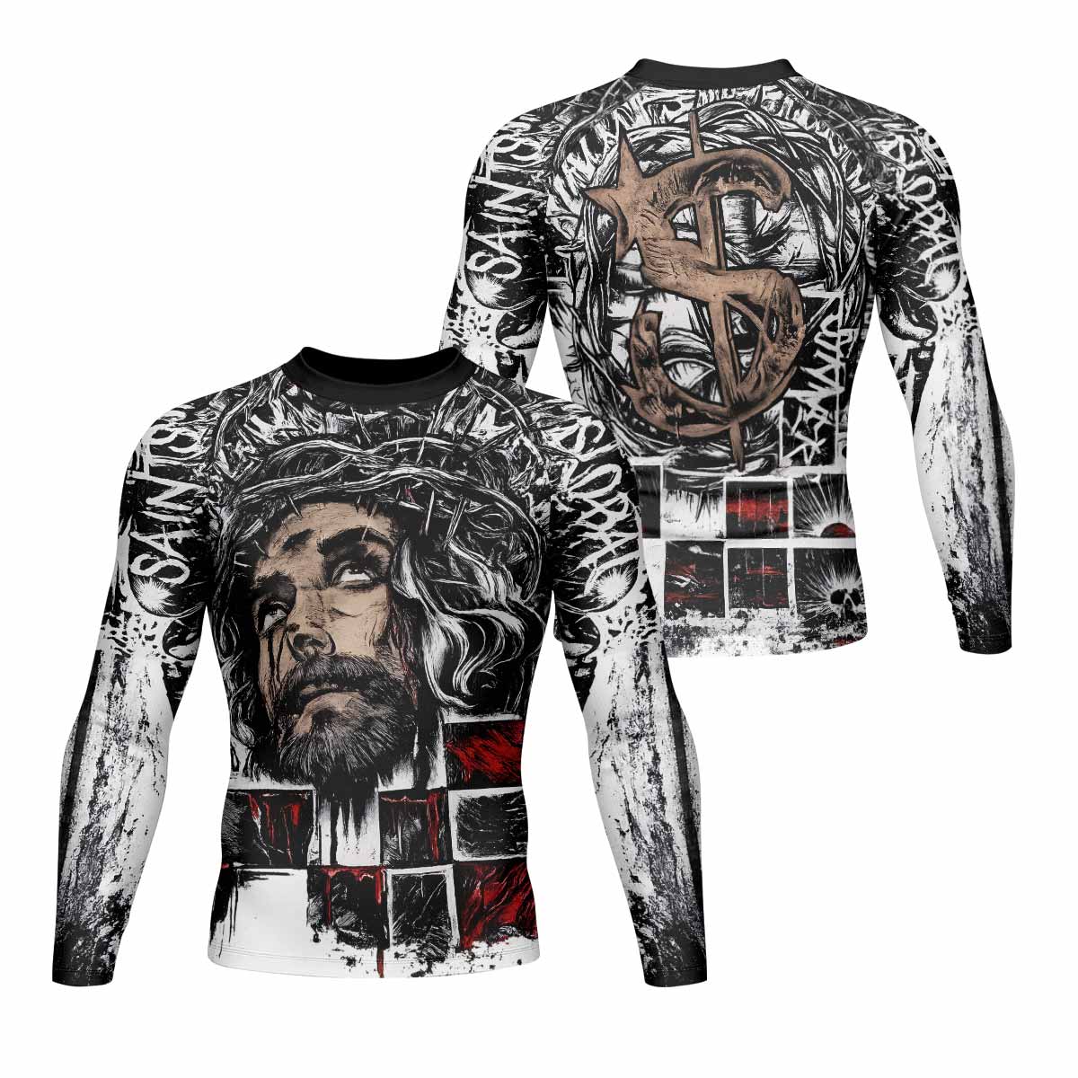 Man of Sorrows Men's Rash Guard Long Sleeve - front and back view