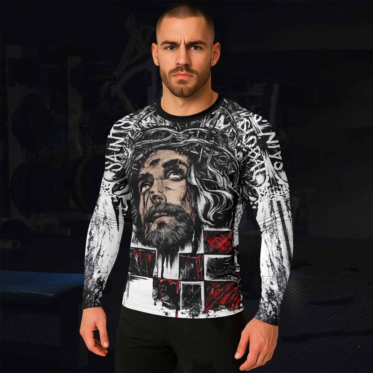 Man of Sorrows Men's Rash Guard Long Sleeve - lifestyle view