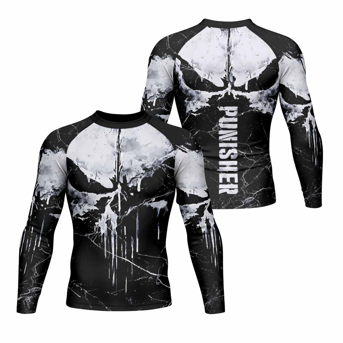 Punisher War Skull Men's Rash Guard Long Sleeve - front and back view