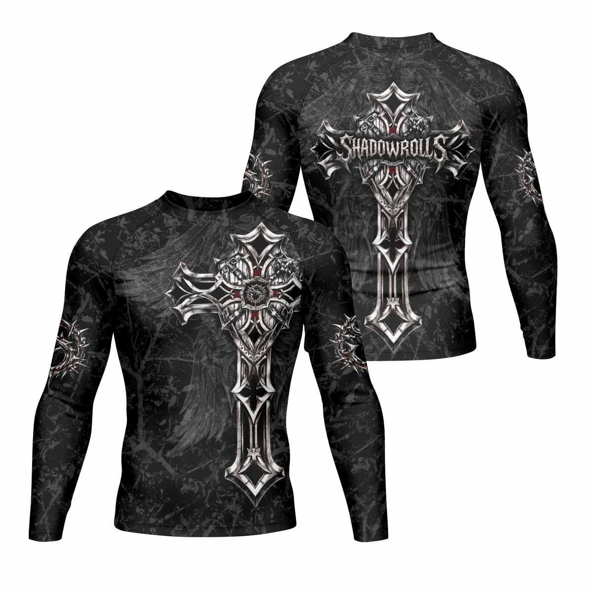 Crown of Thorns Cross Men's Rash Guard Long Sleeve - front and back view
