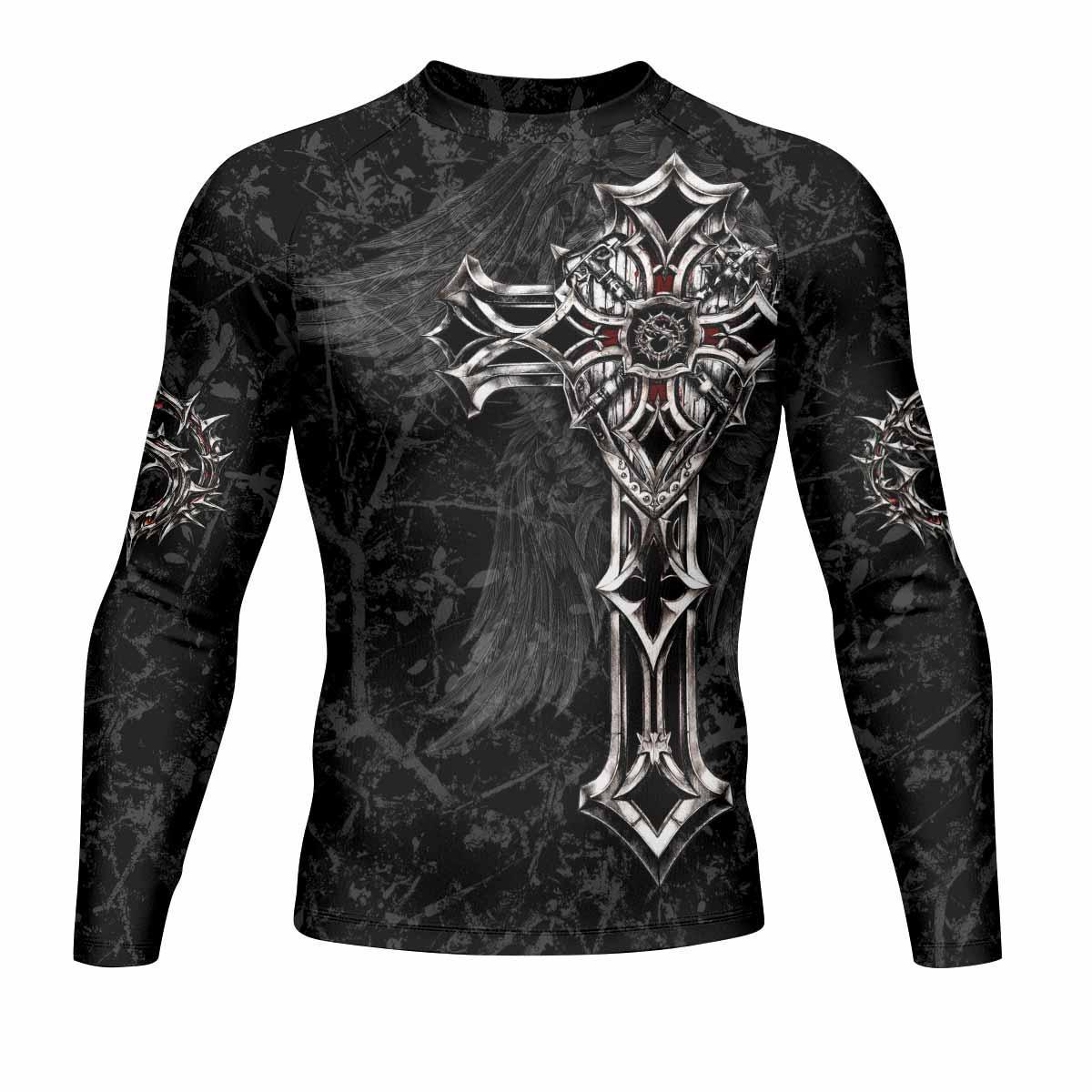 Crown of Thorns Cross Men's Rash Guard Long Sleeve - front view mockup