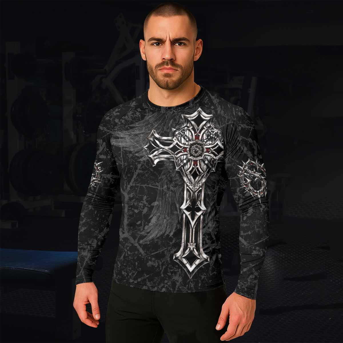 Crown of Thorns Cross Men's Rash Guard Long Sleeve - lifestyle view