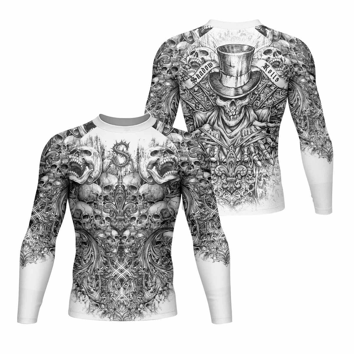 Memento Mori Skull Men's Rash Guard Long Sleeve - front and back view
