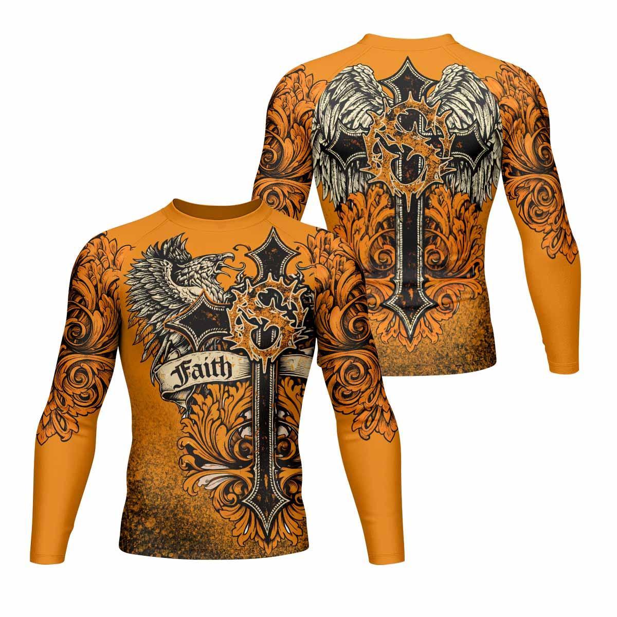 Faith Over Fear Crown Cross Men's Rash Guard Long Sleeve - front and back view