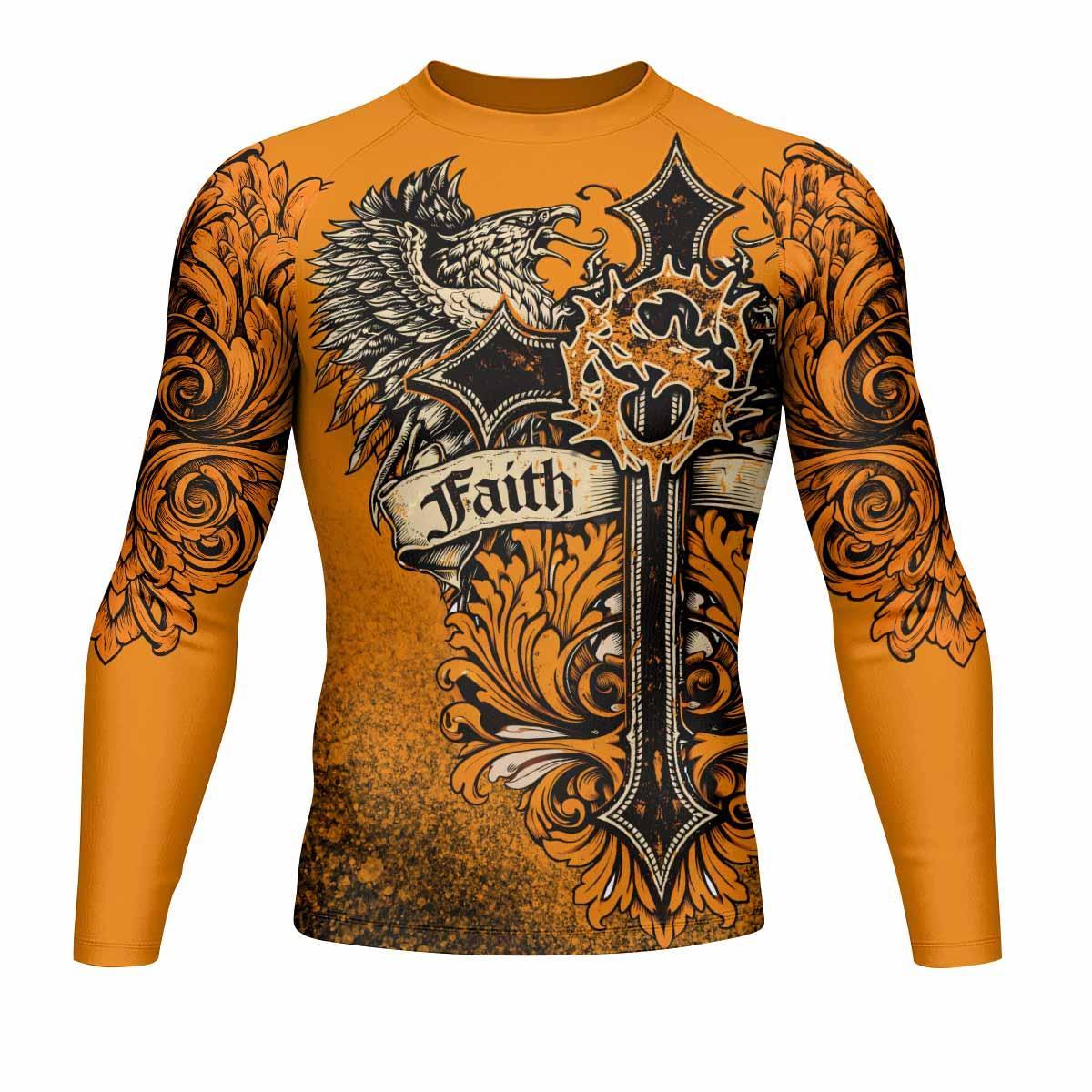 Faith Over Fear Crown Cross Men's Rash Guard Long Sleeve - front view mockup