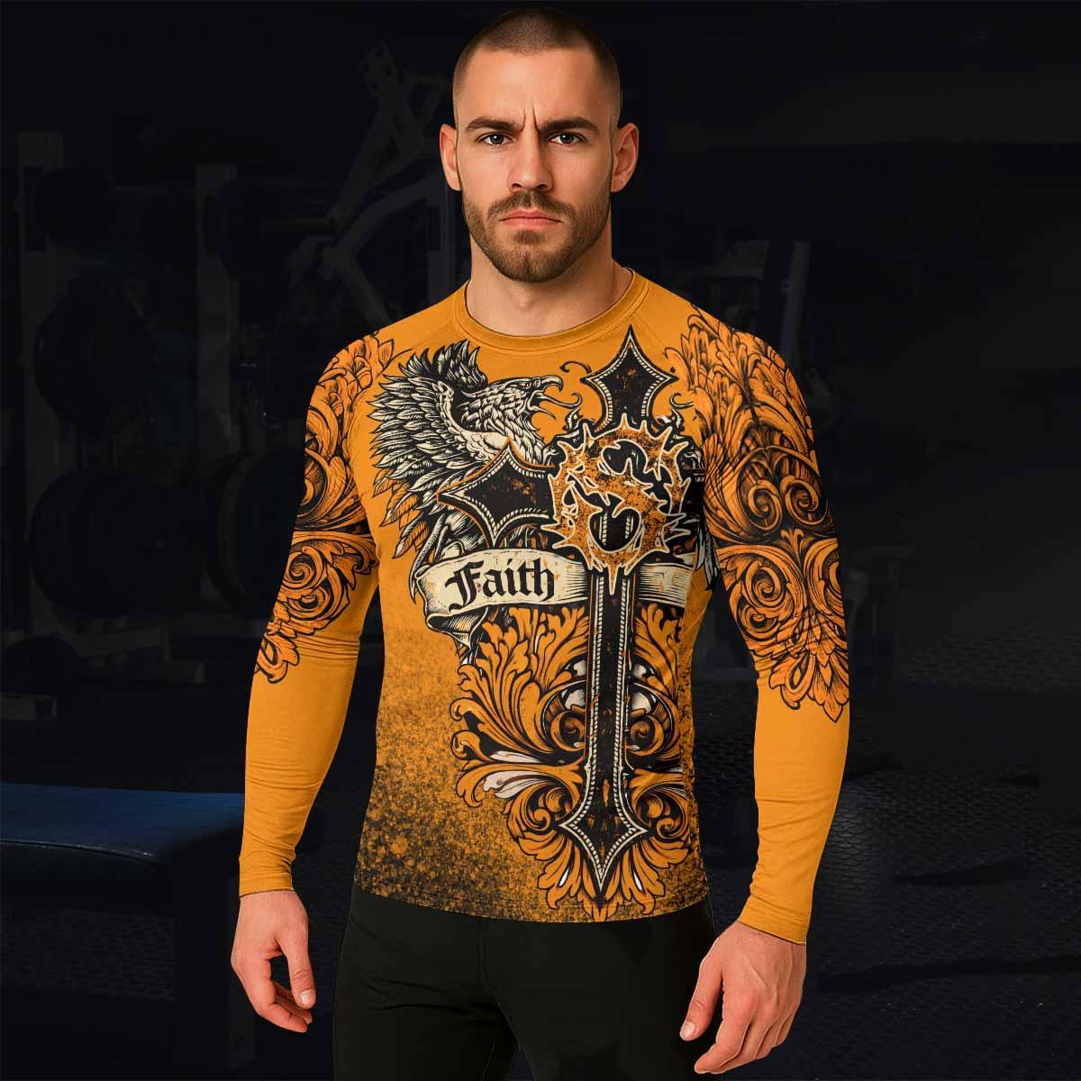 Faith Over Fear Crown Cross Men's Rash Guard Long Sleeve - lifestyle view
