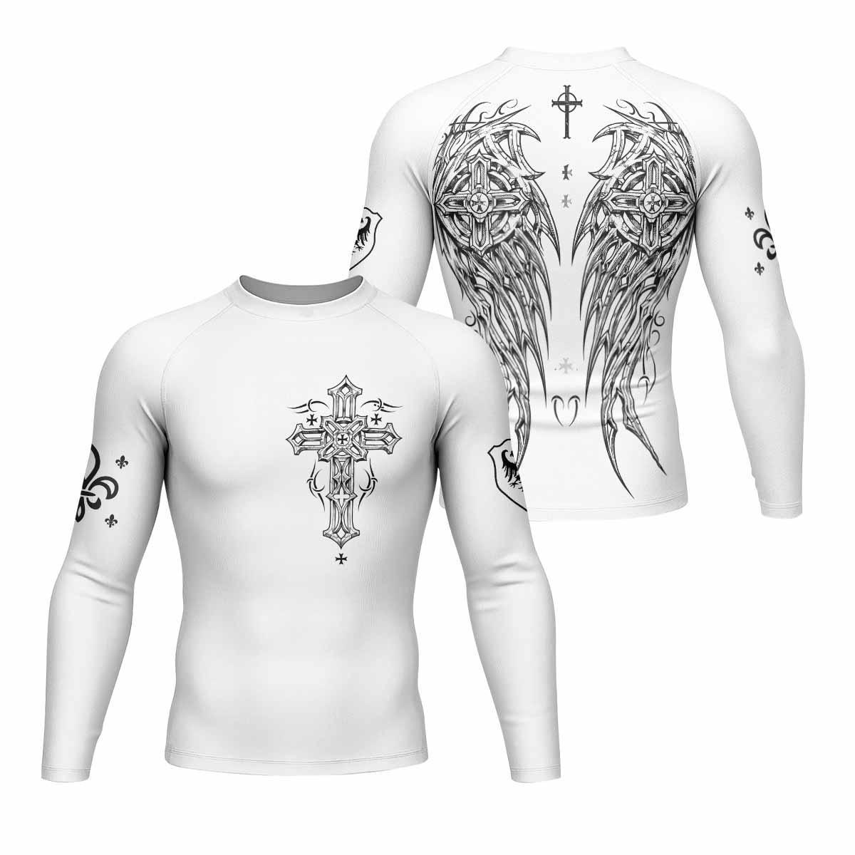 Angel Wings Cross Men's Rash Guard Long Sleeve - front and back view