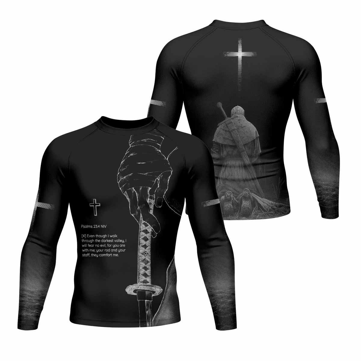 Psalms 23:4 NIV Men's Rash Guard Long Sleeve - front and back view
