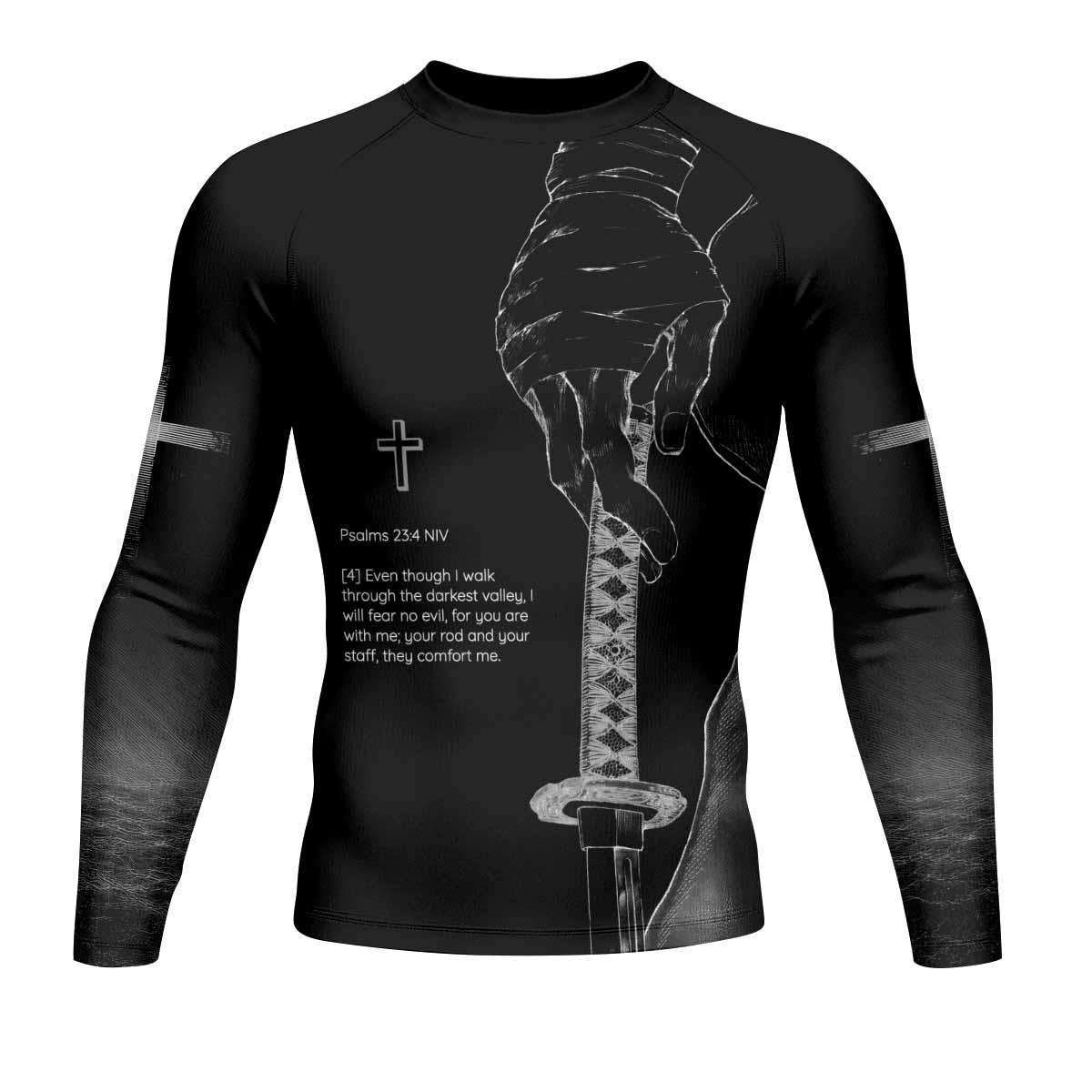 Psalms 23:4 NIV Men's Rash Guard Long Sleeve - front view mockup
