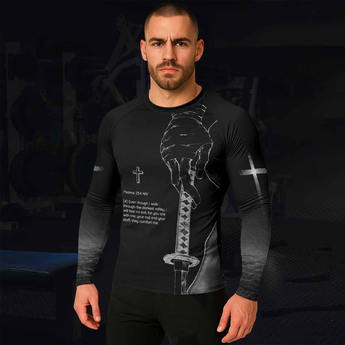 Psalms 23:4 NIV Men's Rash Guard Long Sleeve - lifestyle view