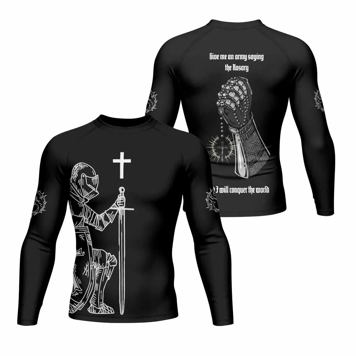 Give Me an Army Rosary Men's Rash Guard Long Sleeve - front and back view