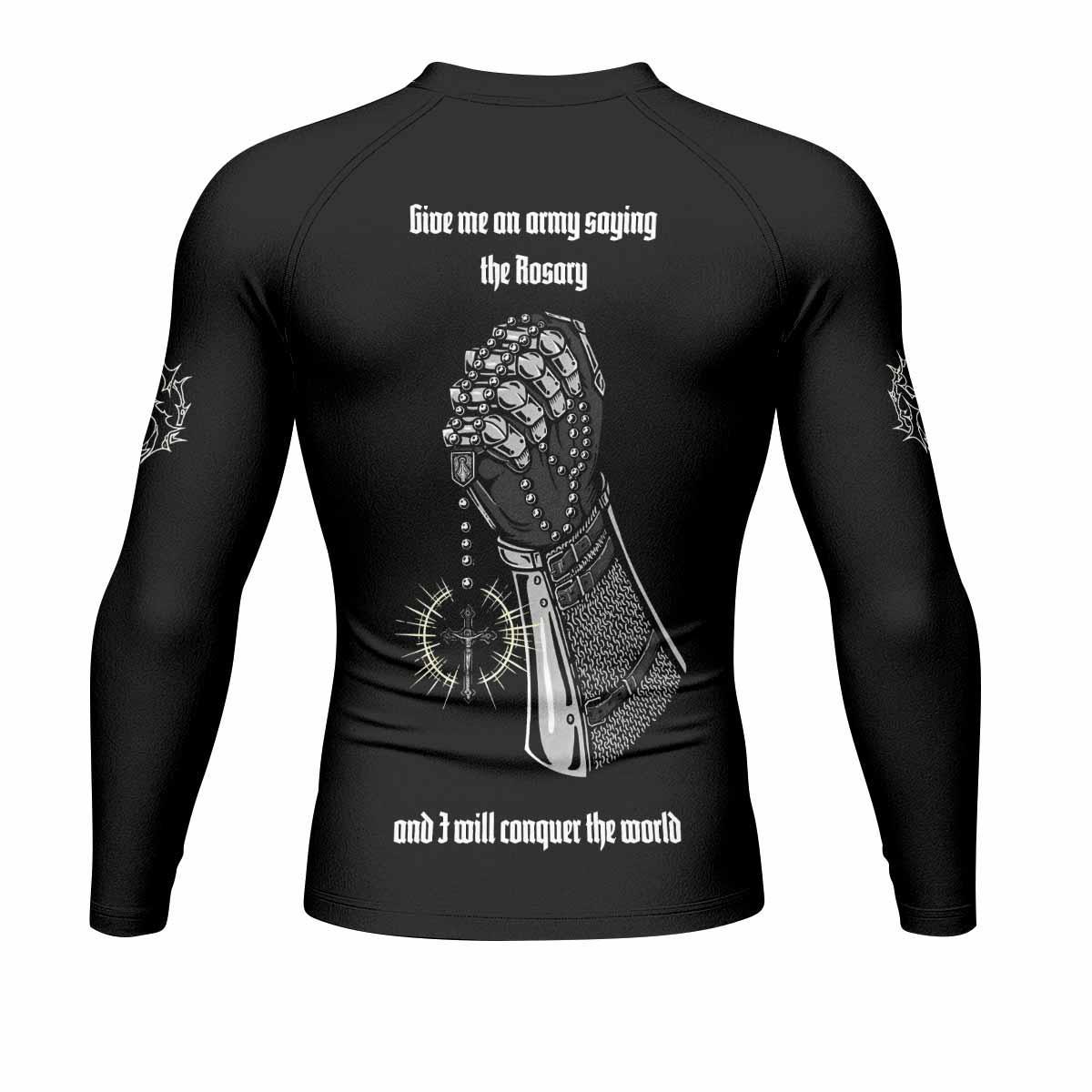 Give Me an Army Rosary Men's Rash Guard Long Sleeve - back view mockup