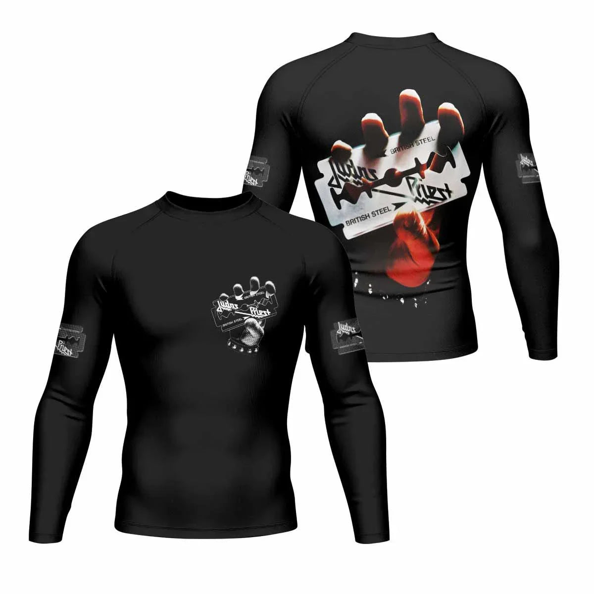 Judas Priest British Steel Men's Rash Guard Long Sleeve - front and back view