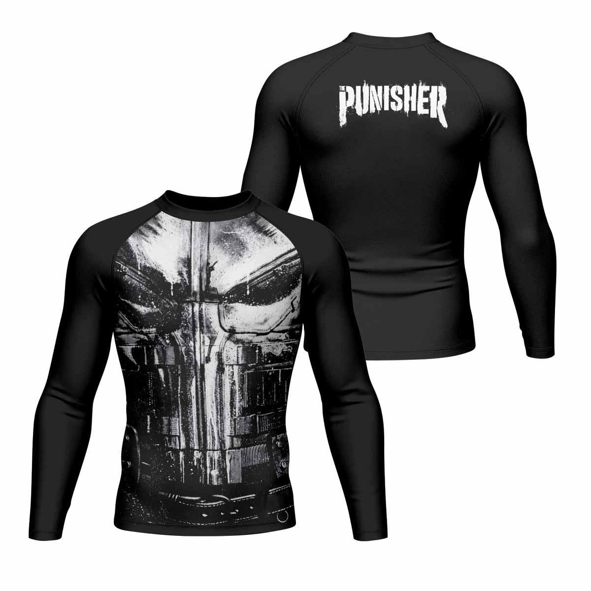 The Punisher War Mask Men's Rash Guard Long Sleeve - front and back view