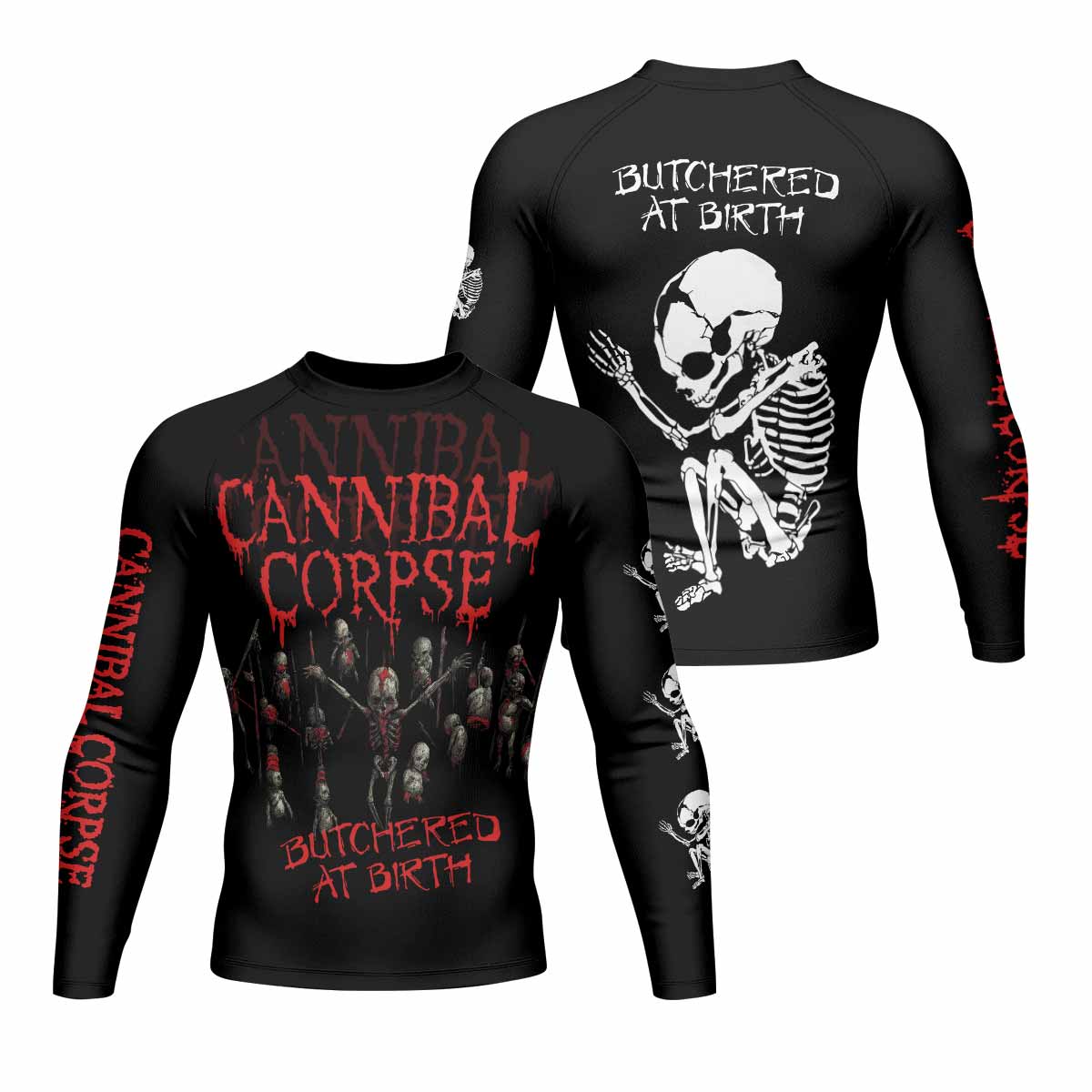 Cannibal Corpse Butchered at Birth Men's Rash Guard Long Sleeve - front and back view