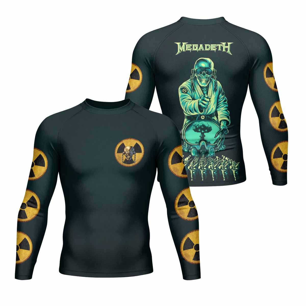 Megadeth Nuclear Skull Men's Rash Guard Long Sleeve - front and back view