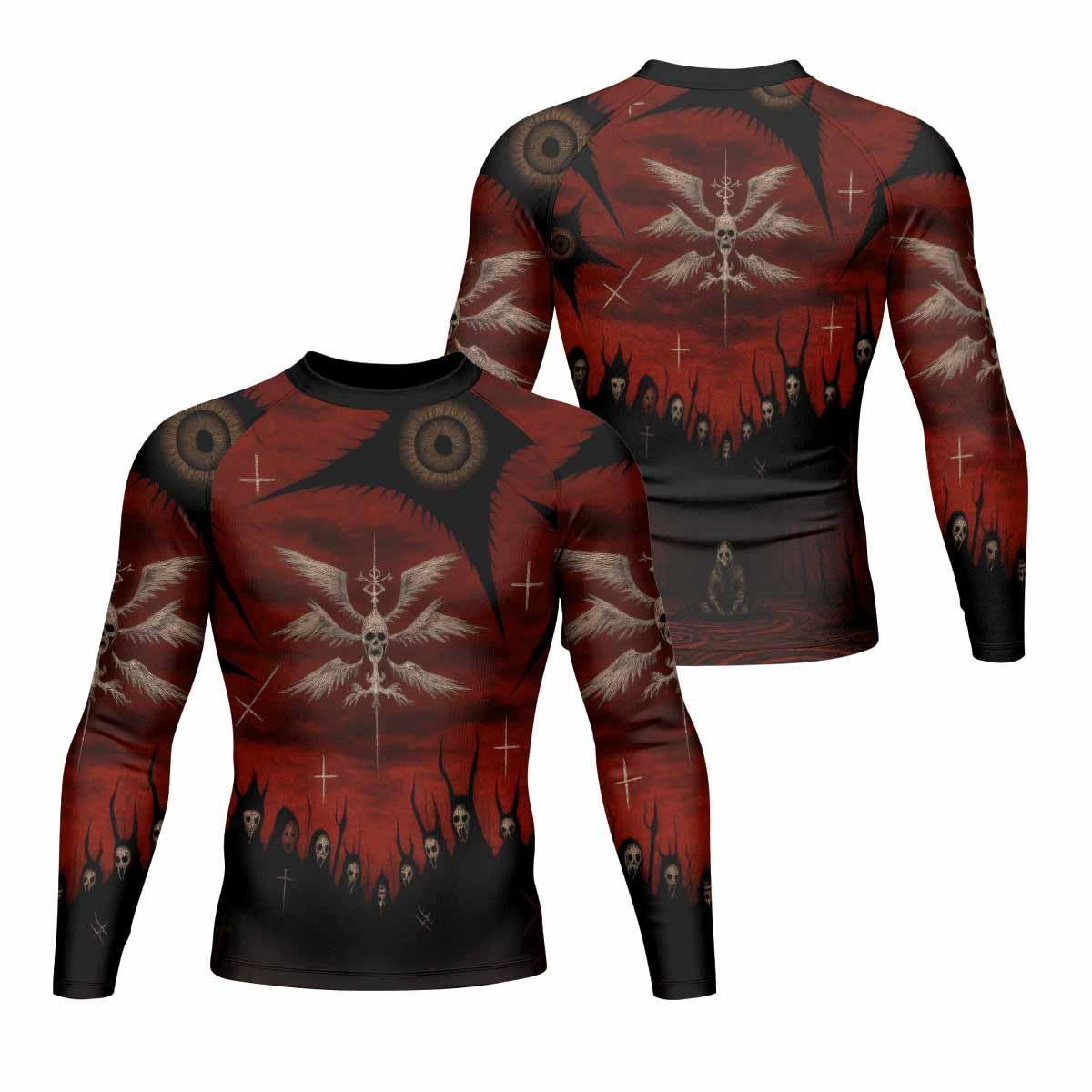 Occult Fallen Seraph Ritual Men's Rash Guard Long Sleeve - front and back view