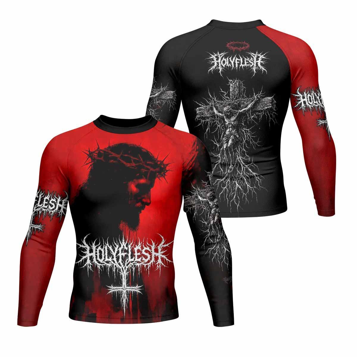 Holy Flesh Crown of Thorns Men's Rash Guard Long Sleeve - front and back view